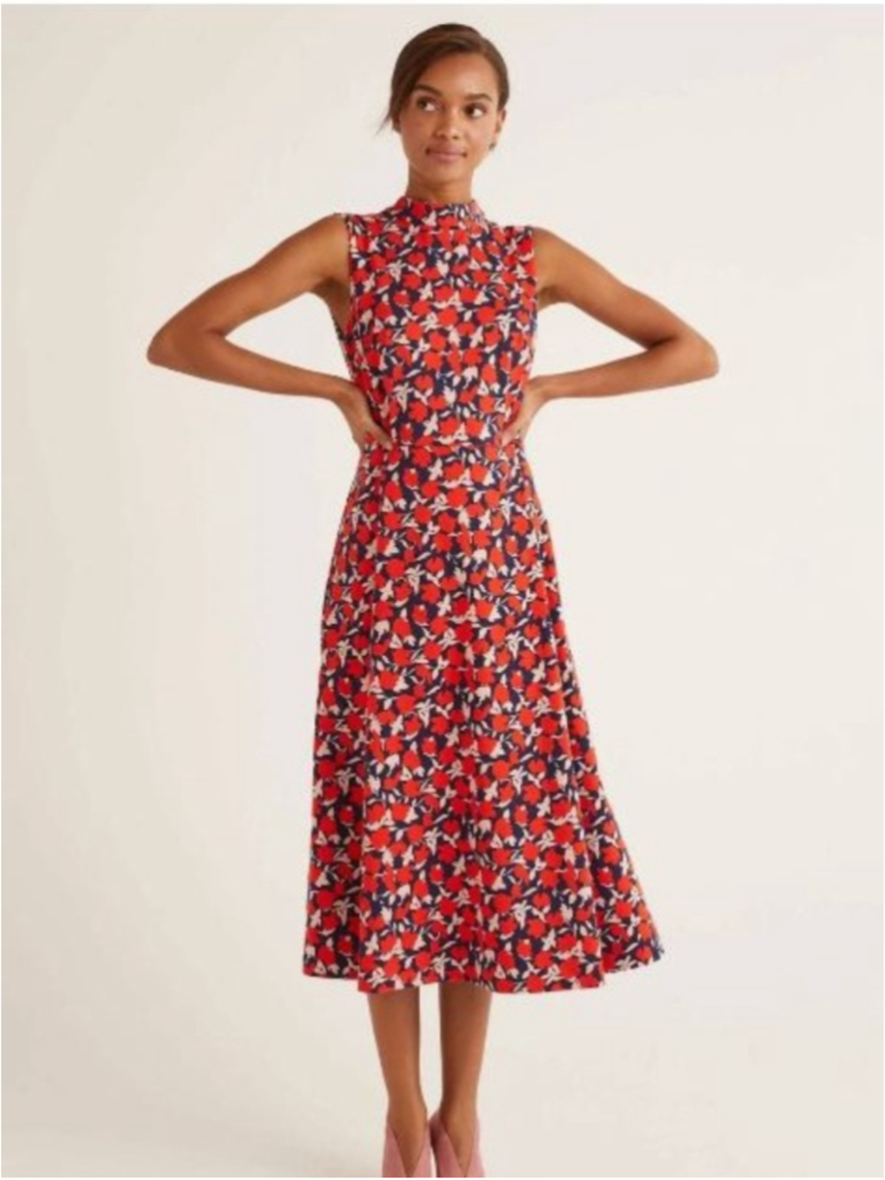 Boden Miriam Ponte Midi Dress Size 12 Red Navy Floral Sleeveless Pockets Preppy - Picture 1 of 12